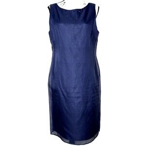 Harold's Sz 12 Shift Dress Sleeveless Lined Navy Blue 100% Silk Beaded Neckline